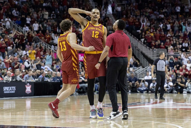 Mar 16, 2024; Kansas City, MO, USA; Iowa State Cyclones forward Robert Jones (12) reacts after a play during the second half against the Houston Cougars at T-Mobile Center. Mandatory Credit: William Purnell-USA TODAY Sports