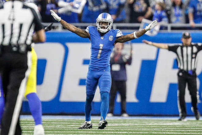 Detroit Lions cornerback Cameron Sutton (1) celebrates a play against the Los Angeles Rams during the second half of the wild-card round game at Ford Field in Detroit on Sunday, Jan, 14, 2024.