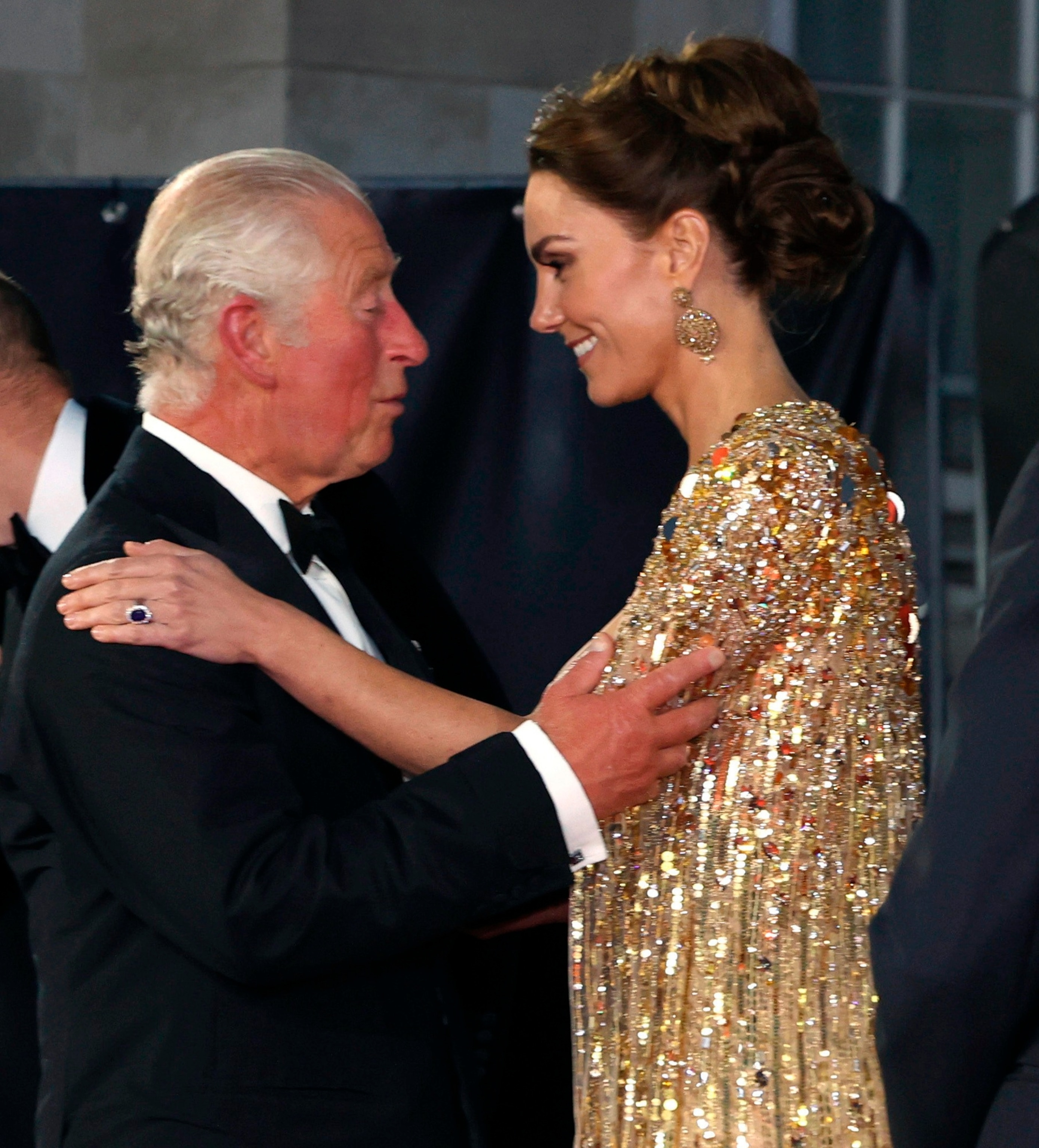 PHOTO: In this Sept. 28, 2021 file photo, Britain's Prince Charles, left, speaks with Kate, the Duchess of Cambridge as they arrive for the World premiere of the new film from the James Bond franchise 'No Time To Die', in London.