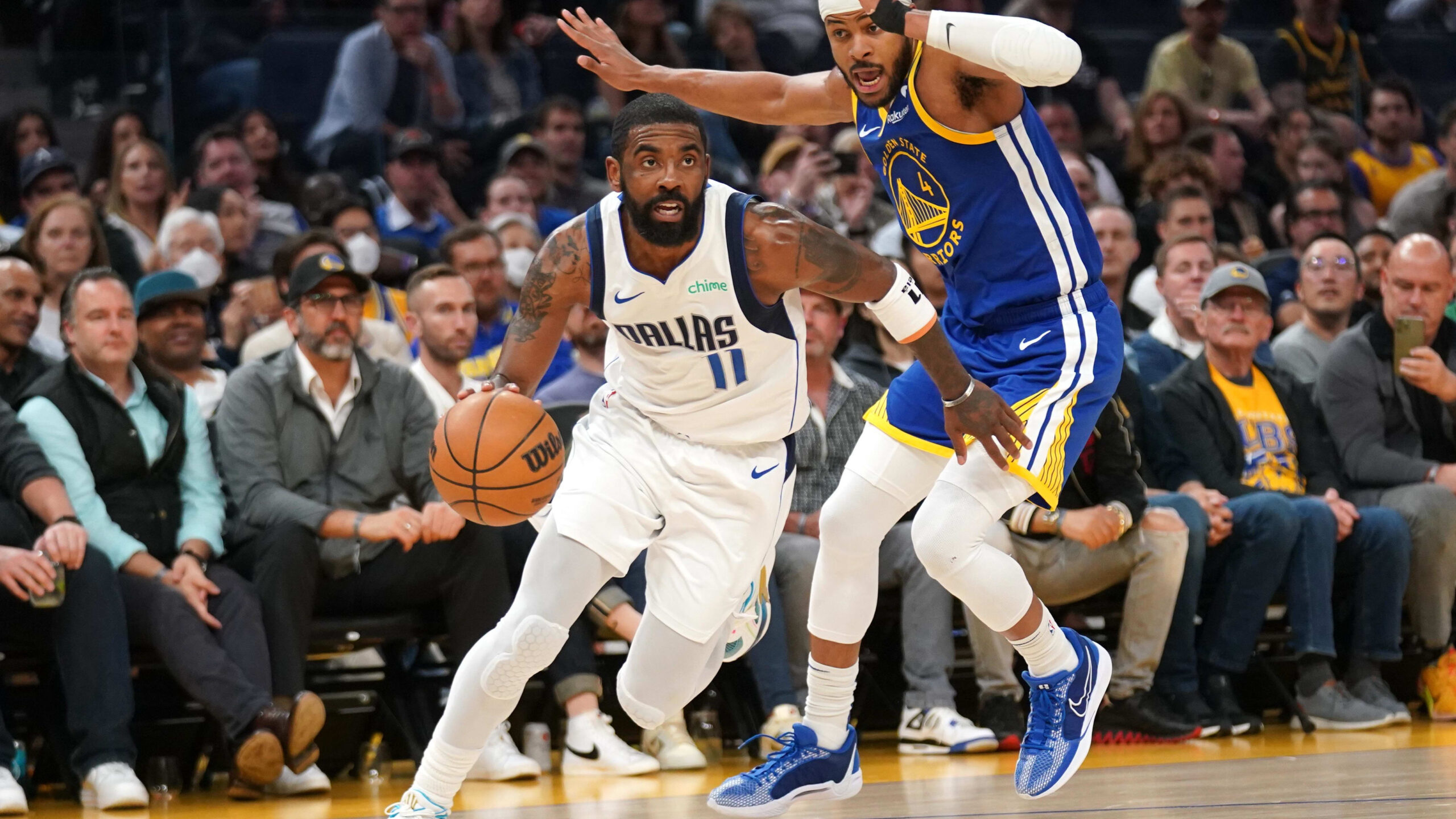 Apr 2, 2024; San Francisco, California, USA; Dallas Mavericks guard Kyrie Irving (11) dribbles past