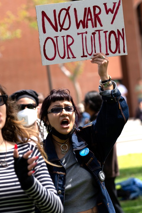 Group of protestors leaving USC's campus and continuing to march down surrounding streets on April 24, 2024. (KTLA)