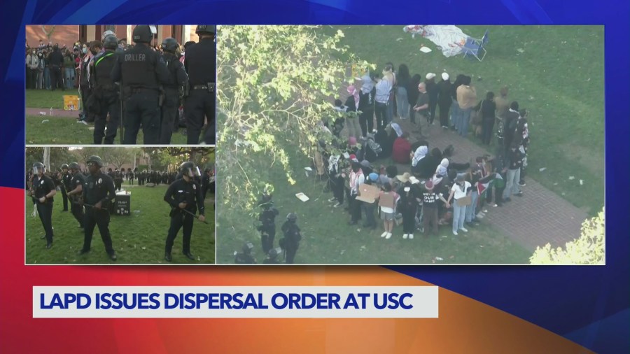 A circle of pro-Palestinian protestors standing with linked arms at USC on April 24, 2024. (KTLA)