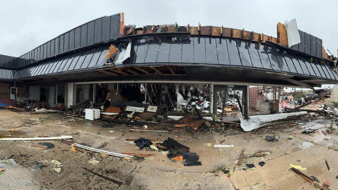 Tornado damage to The Mix Mercantile business in downtown Sulphur, Oklahoma on April 28, 2024. 