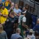 Bobby Portis heads to the Bucks locker room after he was ejected during the first quarter of Game 4 against the Pacers on Sunday nightat Gainbridge Fieldhouse.