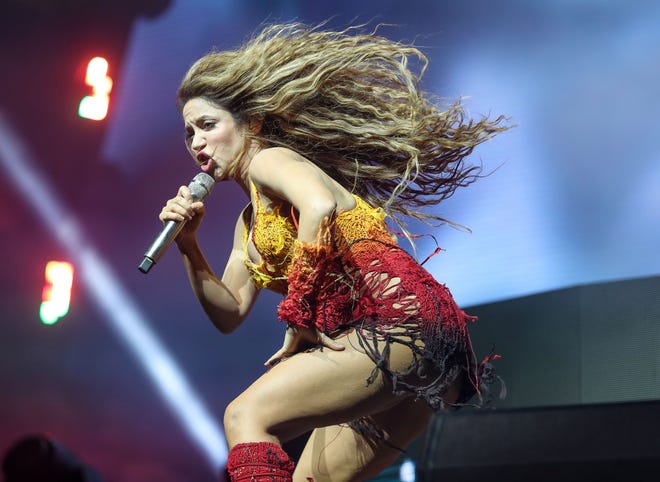 Shakira makes an appearance during BizarrapÕs set in the Sahara tent at the Coachella Valley Music and Arts Festival in Indio, Calif., April 12, 2024.