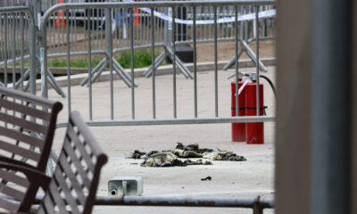 Aftermath of a person covered in flames outside NY courthouse of former U.S. President Trump's criminal hush money trial