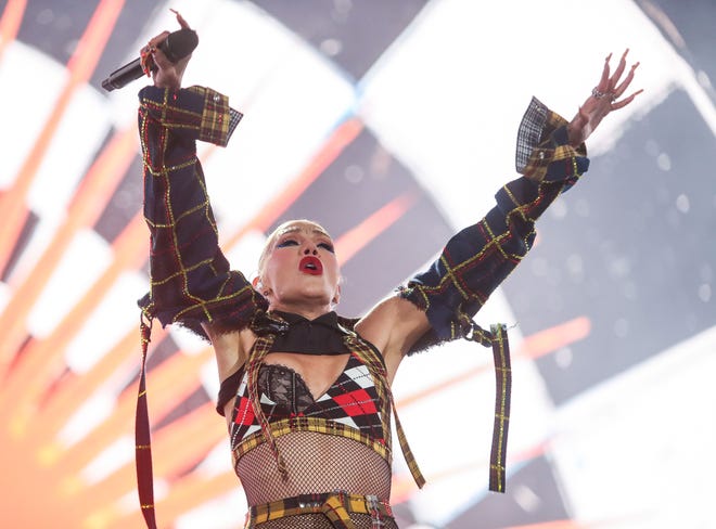 Gwen Stefani of No Doubt performs on the Coachella Stage at the Coachella Valley Music and Arts Festival in Indio, Calif., April 13, 2024.