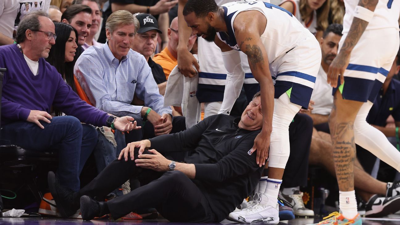 Wolves coach Chris Finch injures knee in sideline collision