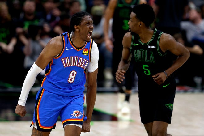 Thunder forward Jalen Williams (8) celebrates after making a 3-pointer in the fourth quarter of a 97-89 win against the Pelicans in the Game 4 of the first round of the NBA playoffs Monday night at Smoothie King Center in New Orleans.