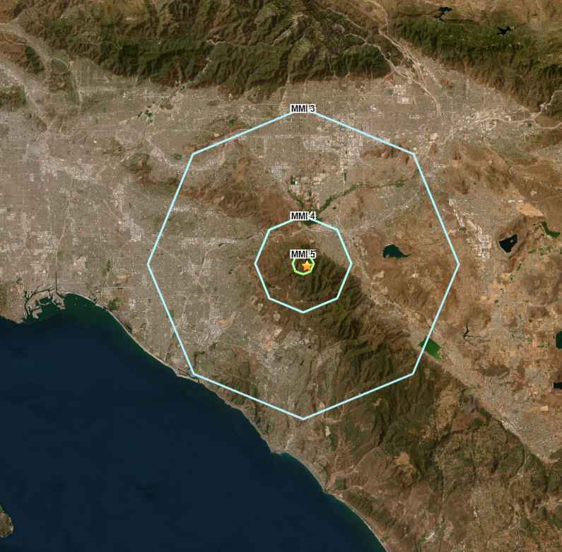 ShakeAlert estimates the intensity of shaking likely to be experienced in the region around the epicenter of an earthquake. The alert is issued to people located within those octagons. Credit: U.S. Geological Survey