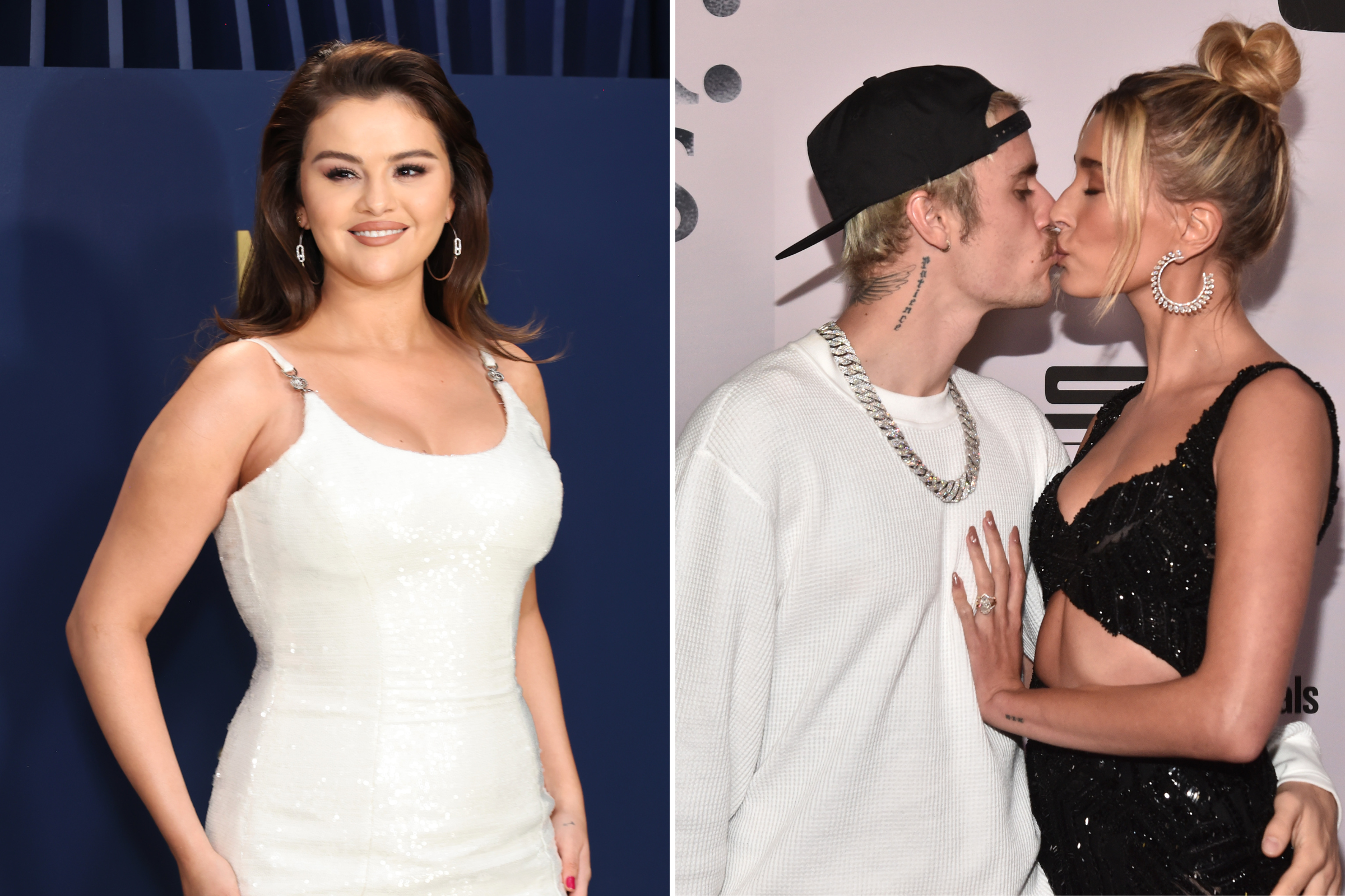 Selena Gomez, (left). Hailey and Justin Bieber