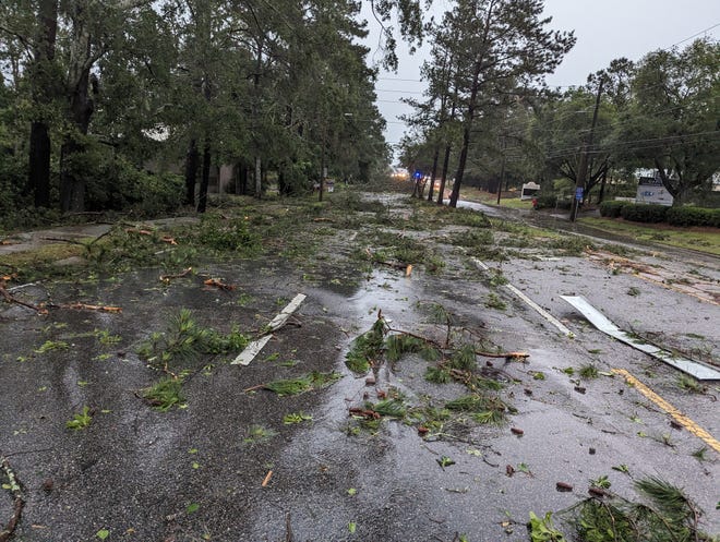 A piece of the DEP Laboratory building got taken off and thrown across the parking lot and into the street on Blair Stone on Friday, May 10, 2024. Coworkers said they saw the tornado go through the parking lot.