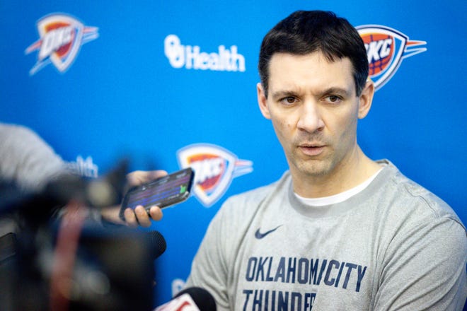 Head coach Mark Daigneault speaks to reporters at the Oklahoma City Thunder training facility on Feb. 21.