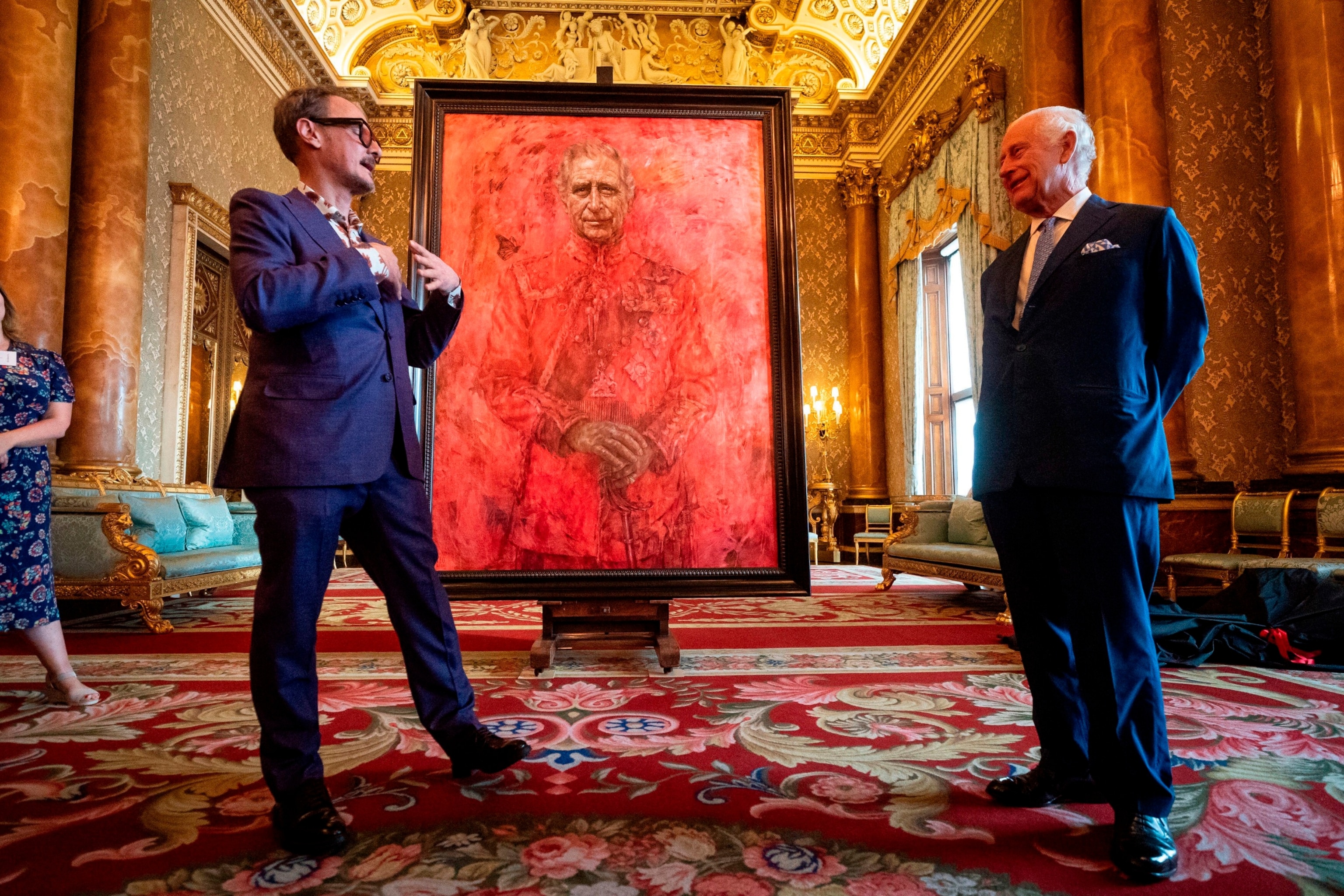 PHOTO: Artist Jonathan Yeo, left, and Britain's King Charles III at the unveiling of artist Yeo's portrait of the King, in the blue drawing room at Buckingham Palace, in London, May 14, 2024.