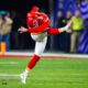 Chiefs kicker Harrison Butker (7) kicks off against the 49ers during Super Bowl 58 at Allegiant Stadium in Las Vegas on Feb 11, 2024.