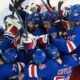 The Rangers celebrate after beating the Panthers in overtime of Game 2 on Friday, May 24, 2024.