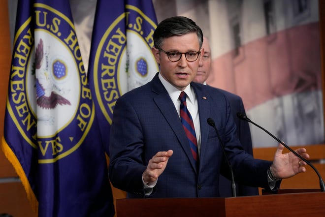 Speaker of the House Mike Johnson, R-La., speaks during a news conference on May 7, 2024.