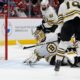 The puck gets past Boston Bruins goaltender Jeremy Swayman on a goal by Florida Panthers center Aleksander Barkov during the second period of Game 2 of a second-round series of the NHL hockey Stanley Cup playoffs Wednesday, May 8, 2024, in Sunrise, Fla. (AP Photo/Lynne Sladky)