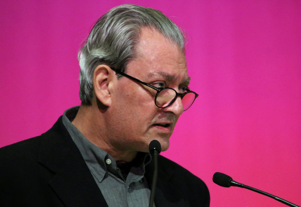 US writer Paul Auster gives a speech during the International Book Fair in Guadalajara