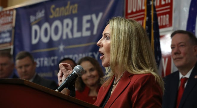 Sandra Doorley thanks her supporters during her remarks following her re-election as Monroe County District Attorney, during the Monroe County Republican Committee election night watch party at the Doubletree in Henrietta Tuesday night, Nov. 7, 2023.