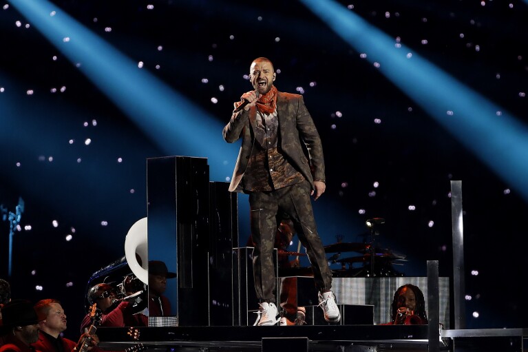 FILE - Justin Timberlake performs during halftime of the NFL Super Bowl 52 football game between the Philadelphia Eagles and the New England Patriots in Minneapolis on Feb. 4, 2018. (AP Photo/Matt Slocum, File)