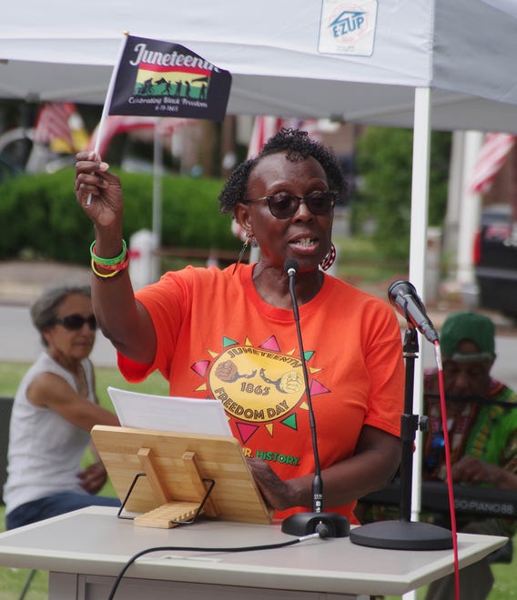 Jenise Campbell-Means, originally from Bridgewater and now of Franklin, co-chair of the Juneteenth Planning Committee, makes the welcoming and keynote remarks at the Juneteenth flag raising ceremony in downtown Bridgewater on Monday, June 17, 2024.