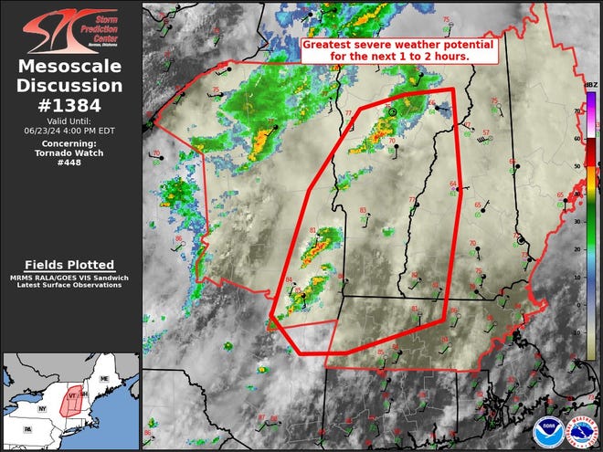 At about 1 p.m., a tornado watch was issued for parts of Maine, Massachusetts, New Hampshire, New York and Vermont until 8 p.m. by the National Weather Service in Gray, Maine.