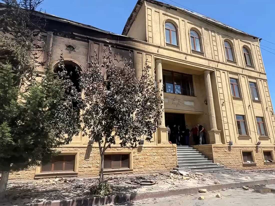 A view of the damaged the Kele-Numaz synagogue in Derbent after a counter-terrorist operation in republic of Dagestan, Russia, shown in a photo taken from video released by the Telegram Channel of the head of Dagestan Republic of Russia on Monday.