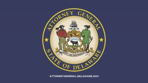 Navy blue background featuring the Delaware state seal in the center