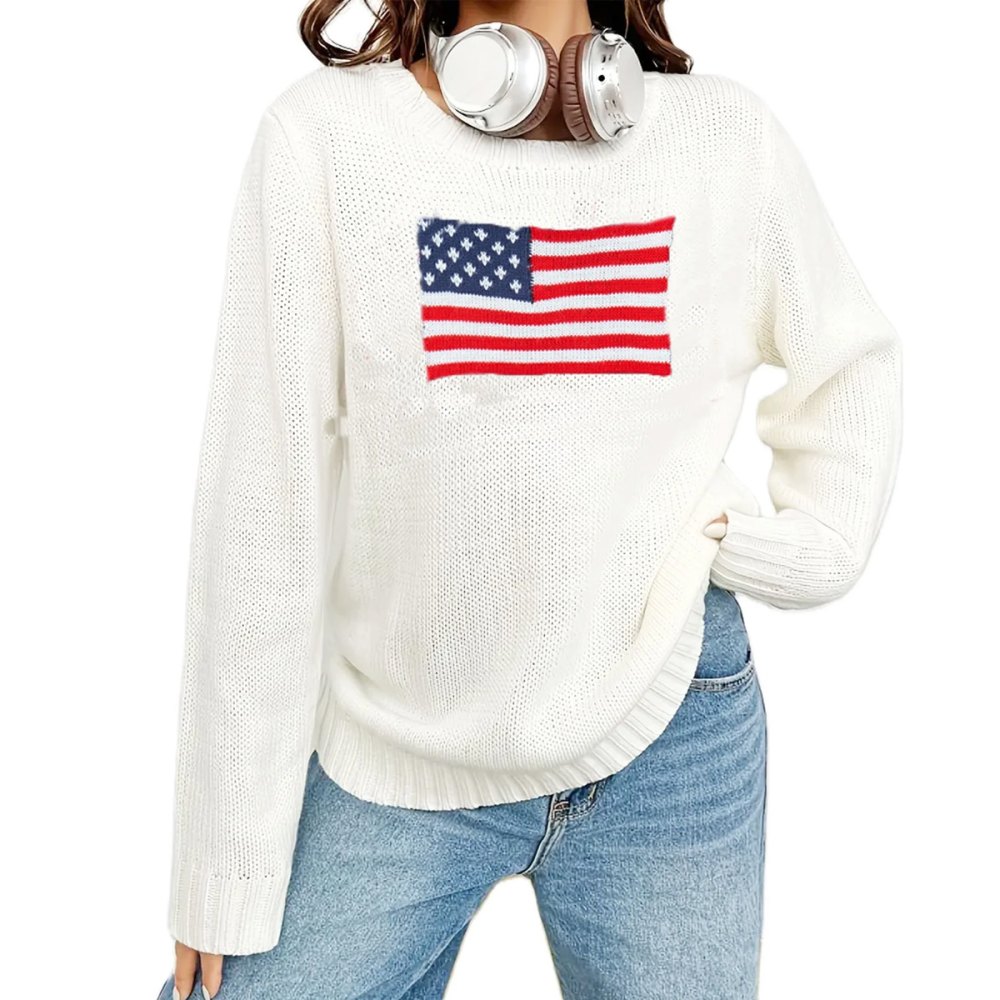 Feorjgp Flag Crew Neck Loose Fit Knit Sweater Walmart