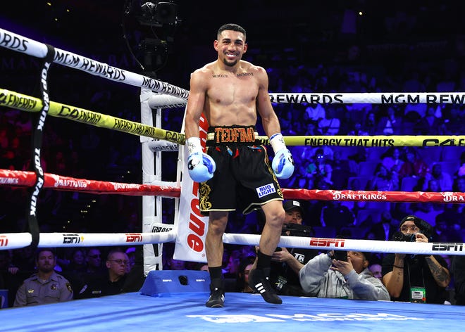 Teofimo Lopez smiles during his most recent bout against Jamaine Ortiz on February 8. Lopez won the fight by unanimous decision, defending his WBO and Ring Magazine titles, although the performance drew plenty of criticism as Lopez did not look at his best.