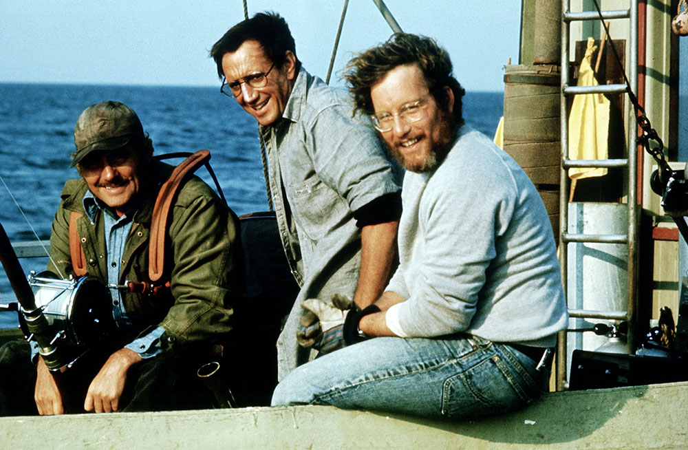 Robert Shaw, Roy Scheider, and Richard Dreyfuss in JAWS, 1975.