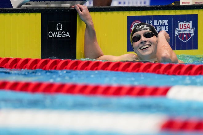 Katie Ledecky reacts after winning the 200-meter freestyle final June 17, 2024, during the U.S. Olympic Team Swimming Trials at Lucas Oil Stadium in Indianapolis.