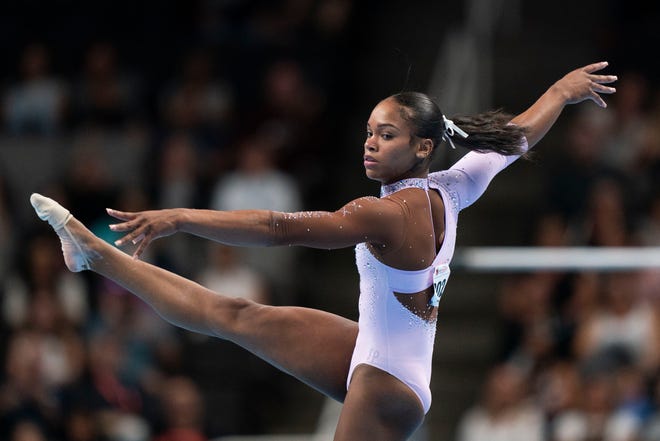 Shilese Jones competes on the floor exercise during the 2023 U.S. Gymnastics Championships at SAP Center.