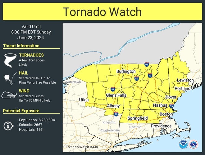 At about 1 p.m., a tornado watch was issued for parts of Maine, Massachusetts, New Hampshire, New York and Vermont until 8 p.m. by the National Weather Service in Gray, Maine.