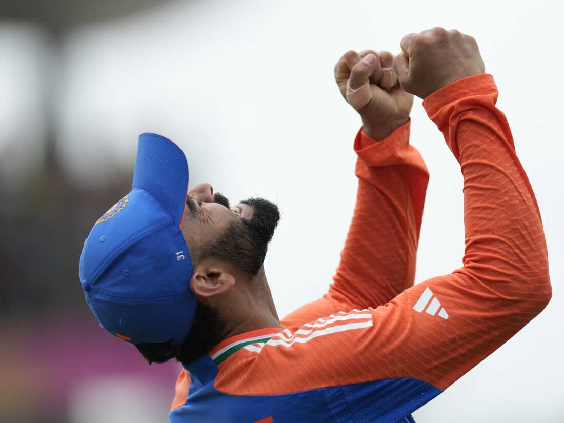 India's Virat Kohli celebrates after their win against South Africa in the ICC Men's T20 World Cup final cricket match at Kensington Oval in Bridgetown, Barbados, on Saturday.