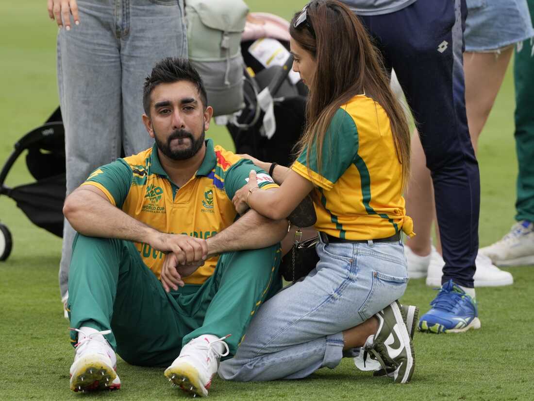 South Africa's Tabraiz Shamsi, left, reacts after his side's loss against India in the ICC Men's T20 World Cup final cricket match at Kensington Oval in Bridgetown, Barbados, on Saturday.