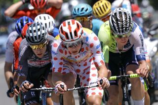 Jonas Abrahamsen in polka dots on stage two of the Tour de France 2024