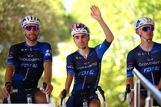 Lenny Martinez and his Groupama-FDJ team at sign on for stage two of the 2024 Tour de France