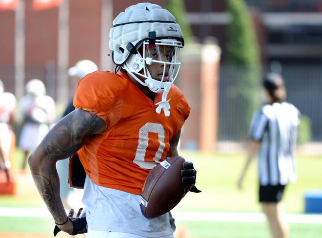 Oklahoma State's Ollie Gordon II waits to run a drill during an Oklahoma State University Cowboys spring football practice at Sherman E. Smith Training Center in Stillwater, Okla., Tuesday, April 16, 2024.