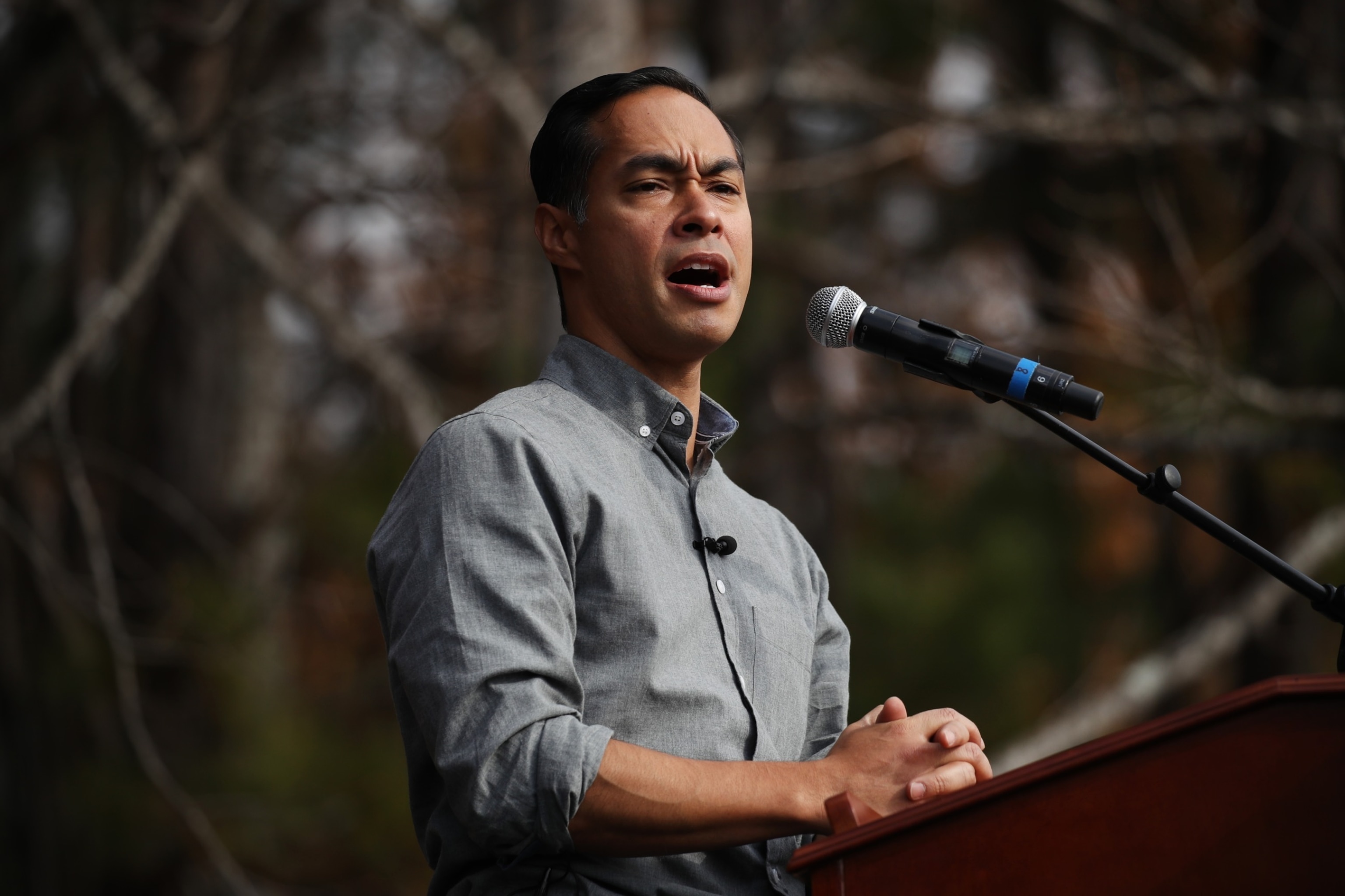 PHOTO: Former Democratic presidential candidate Julian Castro joins Democrat Jon Ossoff for a campaign event in Lilburn, GA, Dec. 07, 2020.