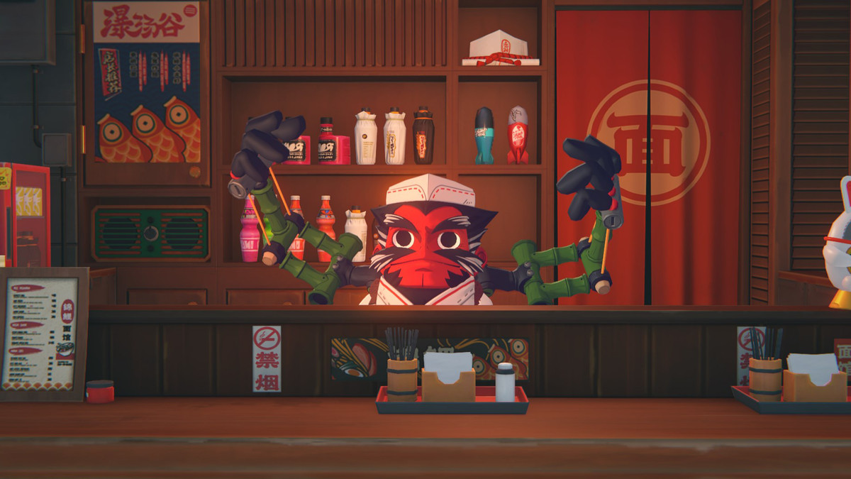 A red yokai with robot arms stands behind a noodle bar, waiting to take your order in Zenless Zone Zero