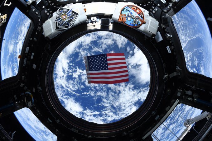 Expedition 67 NASA astronauts Robert T. Hines, left, and Kjell N. Lindgren during their recorded Fourth of July message