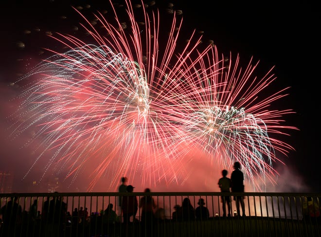 July 3, 2024; Columbus, Ohio, USA; 
Guests enjoy fireworks during Red, White and Boom in downtown Columbus from National Veterans Memorial and Museum.