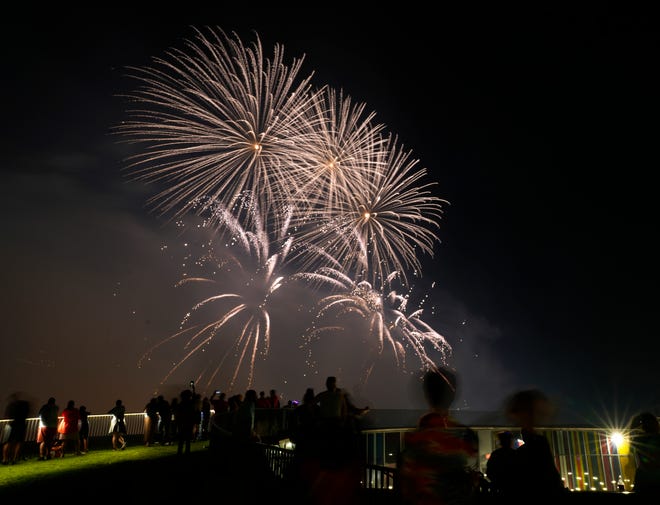 July 3, 2024; Columbus, Ohio, USA; 
Guests enjoy fireworks during Red, White and Boom in downtown Columbus from National Veterans Memorial and Museum.