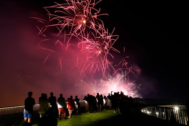 July 3, 2024; Columbus, Ohio, USA; 
Guests enjoy fireworks during Red, White and Boom in downtown Columbus from National Veterans Memorial and Museum.