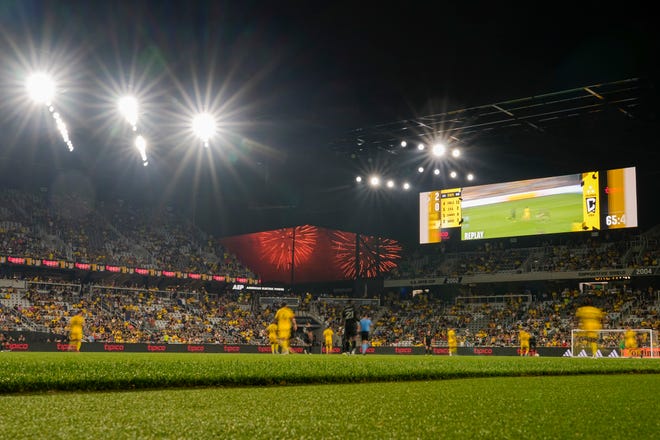 Jul 3, 2024; Columbus, OH, USA; Red, White & Boom fireworks go off during the second half of the MLS soccer match between the Columbus Crew and Nashville SC at Lower.com Field. The Crew won 2-0.