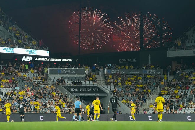 Jul 3, 2024; Columbus, OH, USA; Red, White & Boom fireworks go off during the second half of the MLS soccer match between the Columbus Crew and Nashville SC at Lower.com Field. The Crew won 2-0.