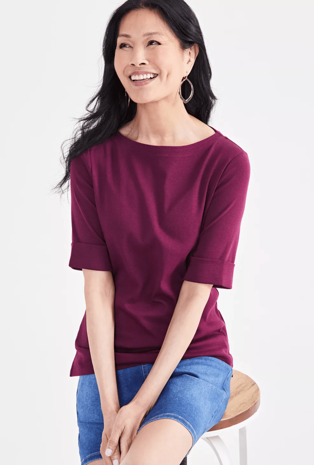 Style & Co. Women's Boat-Neck Elbow Sleeve Cotton Top