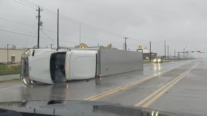 Hurricane Beryl flips truck outside of Surfside Beach, Texas on July 8, 2024.